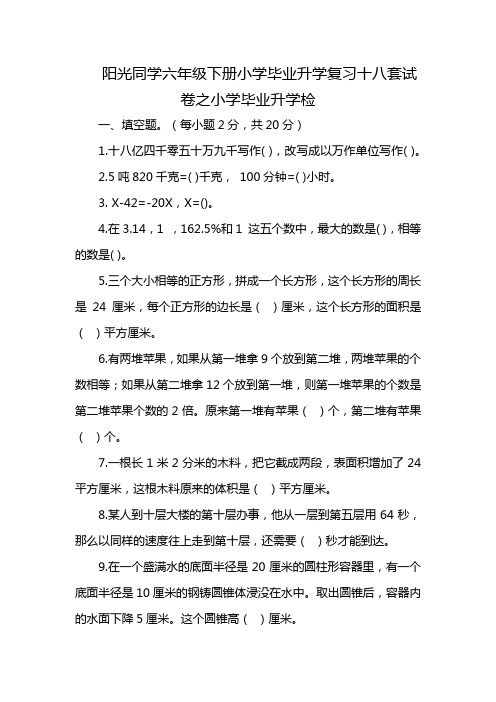 阳光同学六年级下册小学毕业升学复习十八套试卷之小学毕业升学检