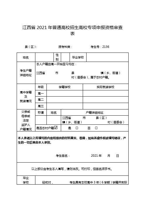 江西省2021年普通高校招生高校专项申报资格审查表【模板】