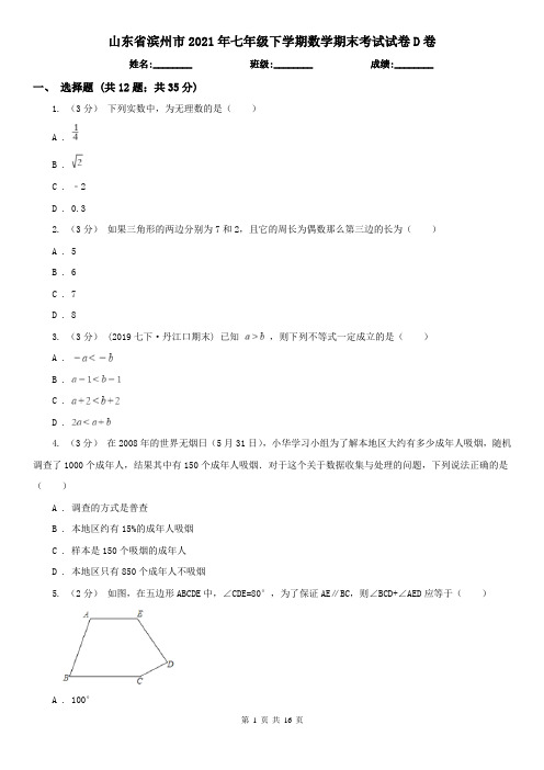 山东省滨州市2021年七年级下学期数学期末考试试卷D卷