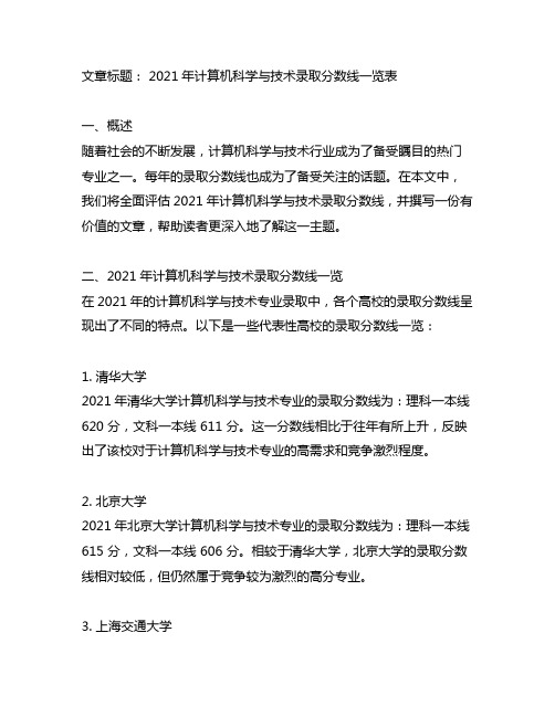 2021年计算机科学与技术录取分数线一览表