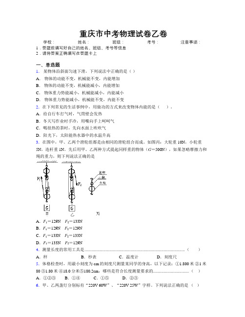 重庆市中考物理试卷乙卷附解析