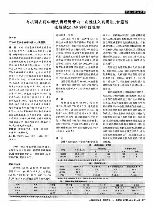 有机磷农药中毒洗胃后胃管内一次性注入药用炭、甘露醇碘解磷定168例疗效观察