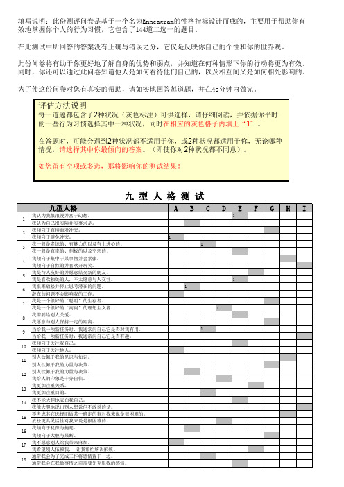 九型人格测试题.144题.excel版可直接得出结果