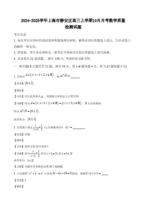 2024-2025学年上海市静安区高三上学期10月月考数学质量检测试题(含解析)