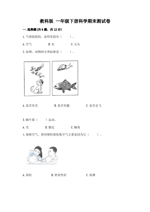 教科版-一年级下册科学期末测试卷及答案一套