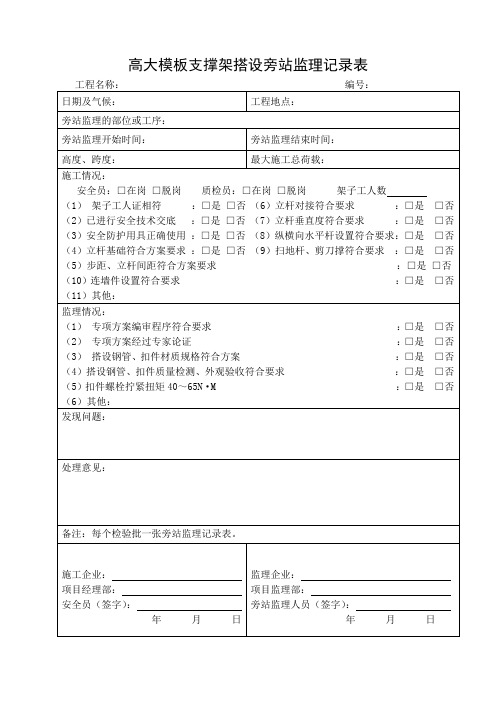 高大支撑架搭设旁站监理记录表