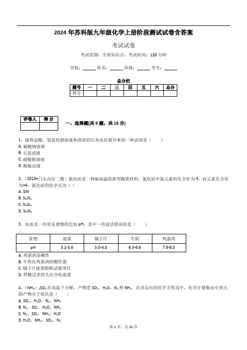 2024年苏科版九年级化学上册阶段测试试卷含答案