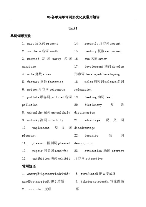 牛津译林版英语BUnits各单元单词词形变化及常用短语