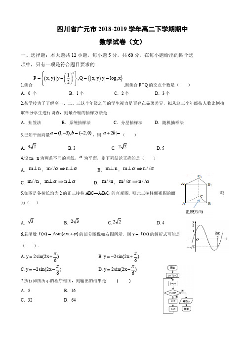 四川省广元市2018-2019学年高二下学期期中考试数学试卷(文)(含答案)