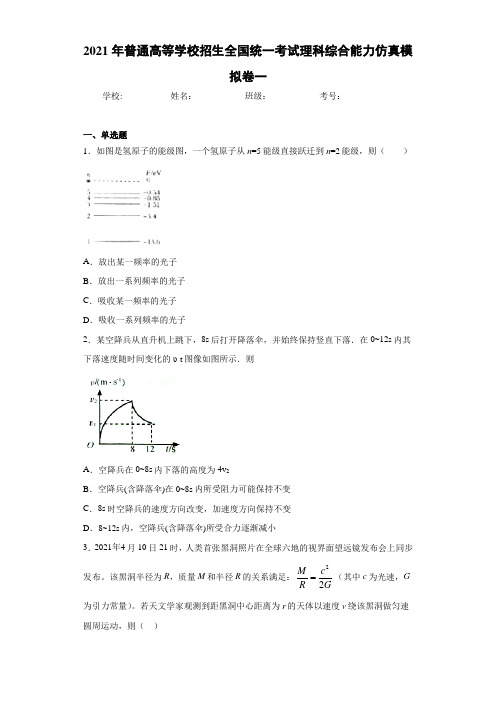 2021年普通高等学校招生全国统一考试理科综合能力仿真模拟卷一