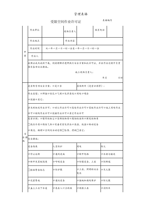 受限空间作业许可证