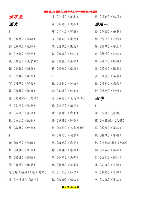 部编版二年级语文上册全册识字表组词