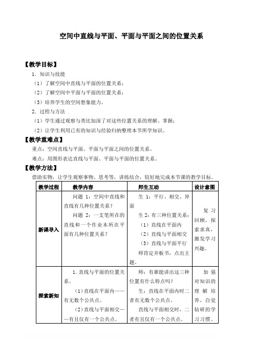 空间中直线与平面之间的位置关系 优秀教案