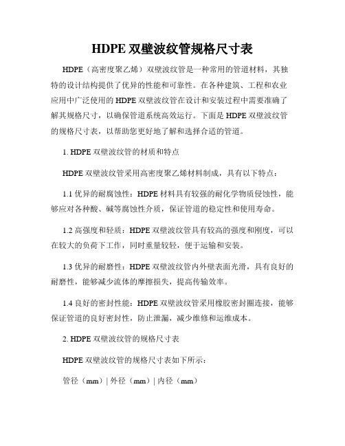 HDPE双壁波纹管规格尺寸表