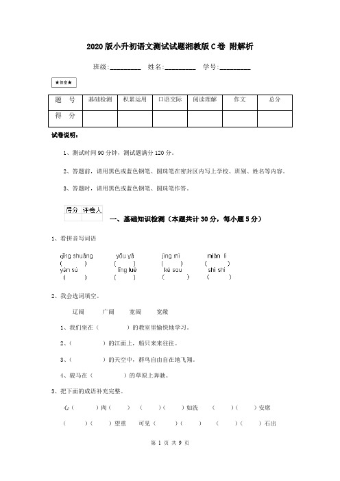 2020版小升初语文测试试题湘教版C卷 附解析
