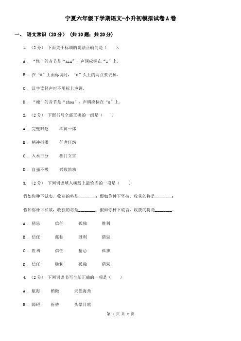 宁夏六年级下学期语文-小升初模拟试卷A卷