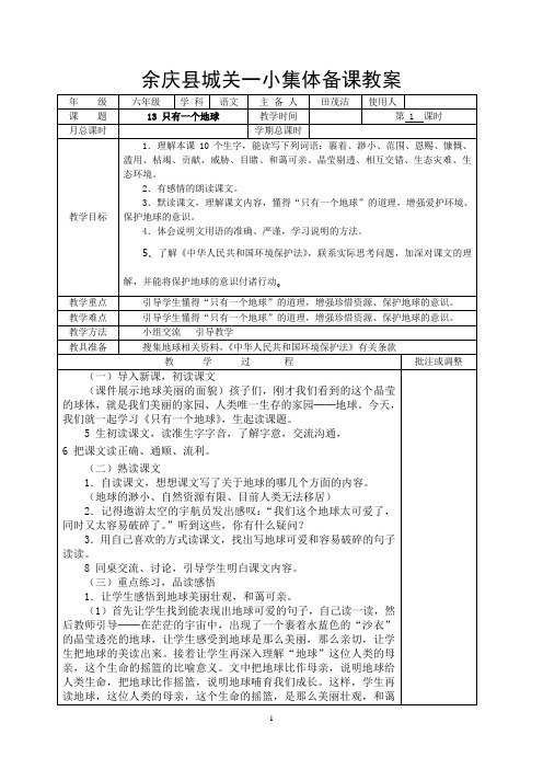 法制渗透交流课教案：只有一个地球  第一课时