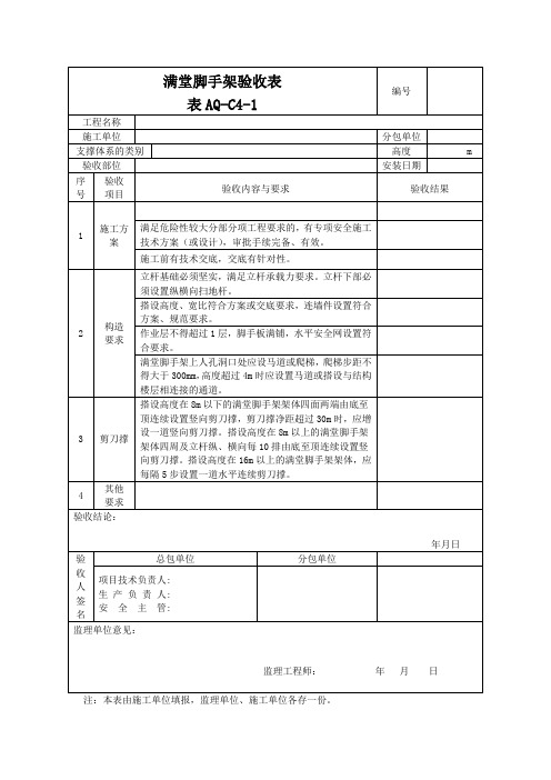 满堂式脚手架施工安全验收记录表