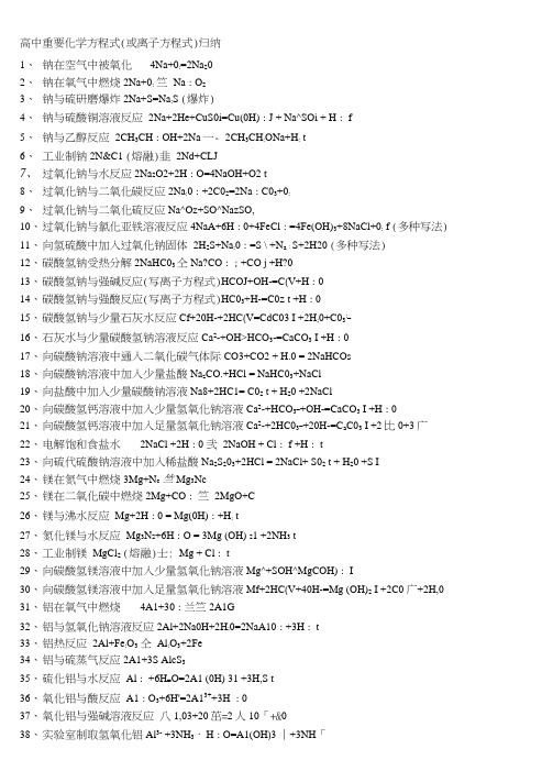 高中重要化学方程式或离子方程式归纳