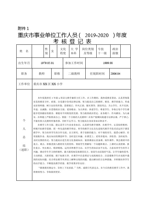 XXX 事业单位工作人员年度考核登记表