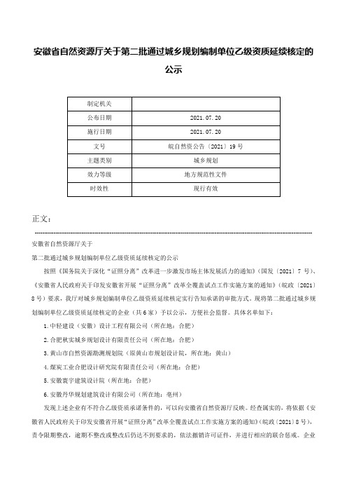 安徽省自然资源厅关于第二批通过城乡规划编制单位乙级资质延续核定的公示-皖自然资公告〔2021〕19号