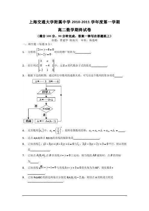 上海交通大学附属中学10-11学年度高二上学期期末试卷(数学)