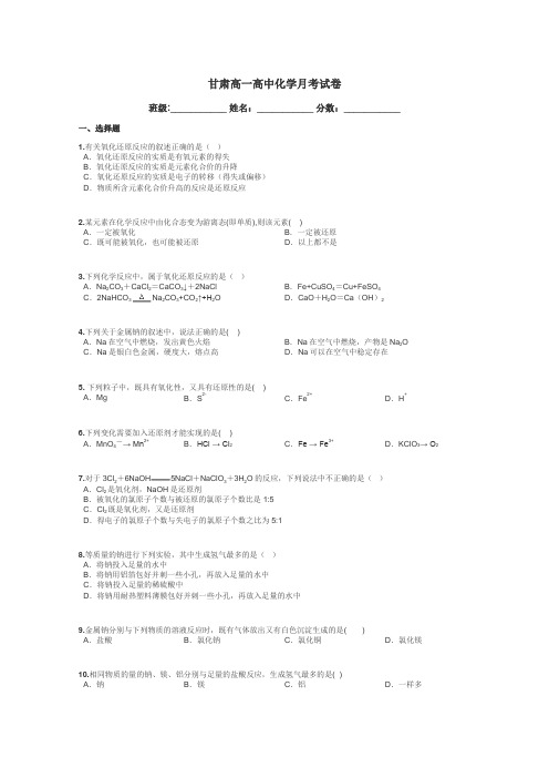 甘肃高一高中化学月考试卷带答案解析
