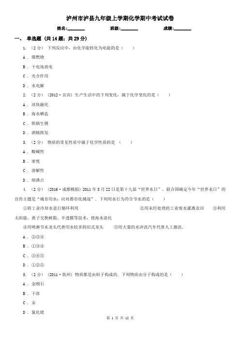 泸州市泸县九年级上学期化学期中考试试卷