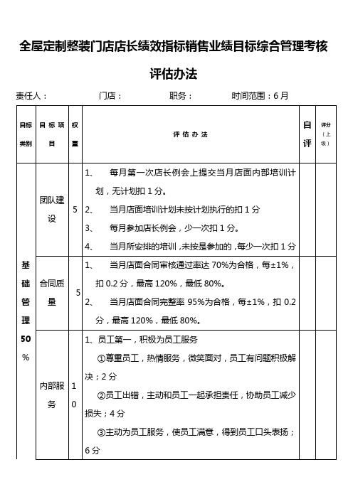 全屋定制整装门店店长绩效指标销售业绩目标综合管理考核评估办法