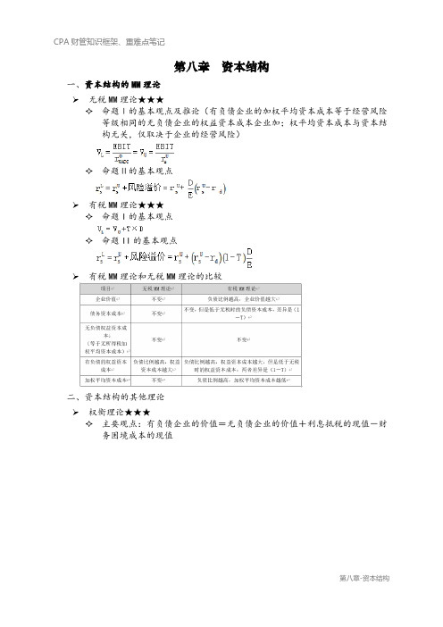 CPA财务成本管理知识框架笔记之第八章-资本结构