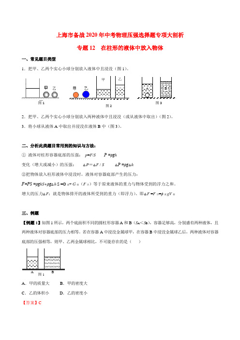 2020年上海中考物理压强压轴题专题12 【压轴选择题】在液体中放入物体(解析版)