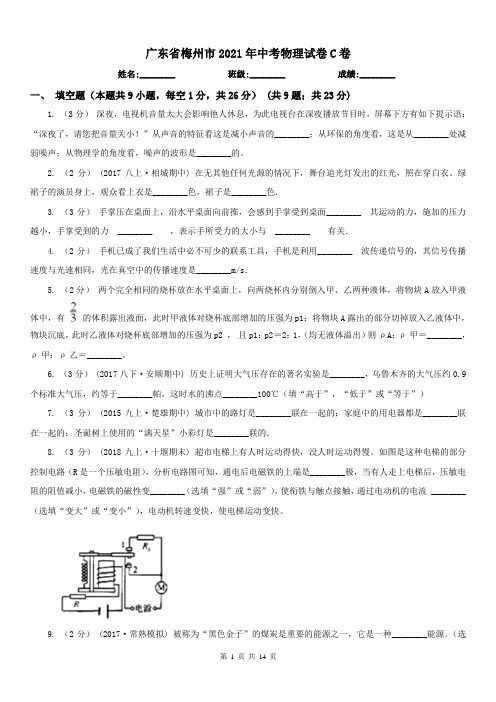 广东省梅州市2021年中考物理试卷C卷