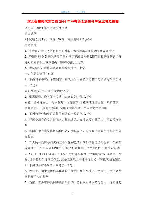 河北省襄阳老河口市2014年中考语文适应性考试试卷及答案-打印版