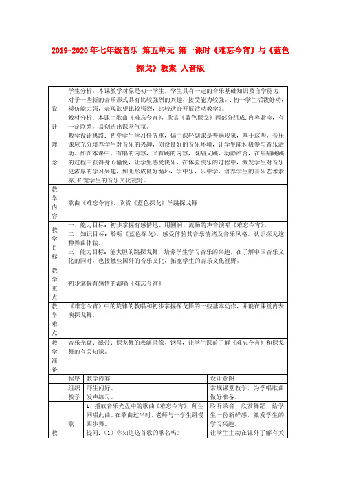 2019-2020年七年级音乐 第五单元 第一课时《难忘今宵》与《蓝色探戈》教案 人音版