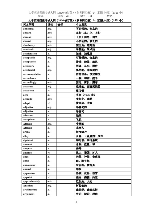 大学英语四级考试大纲(2006修订版)(参考词汇表)04(四级中频)(1521个)(中文变白)