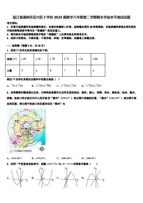 浙江省湖州市吴兴区十学校2024届数学八年级第二学期期末学业水平测试试题含解析