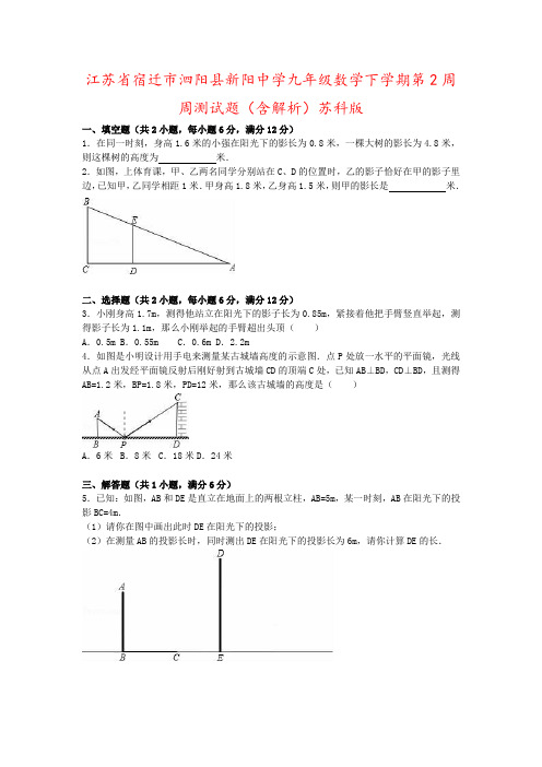 江苏省宿迁市泗阳县新阳中学九年级数学下学期第2周周测试题(含解析)苏科版