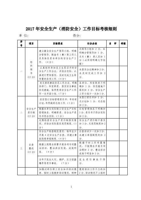 2017年安全生产（消防安全）工作目标考核细则