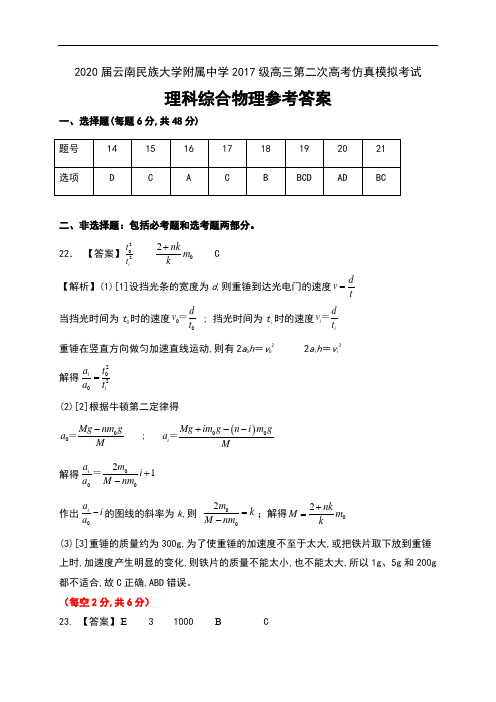 2020届云南民族大学附属中学2017级高三第二次高考仿真模拟考试理科综合试卷参考答案