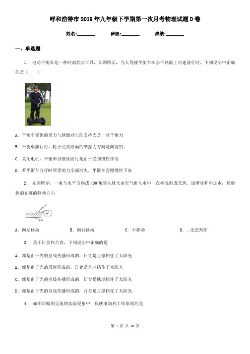 呼和浩特市2019年九年级下学期第一次月考物理试题D卷