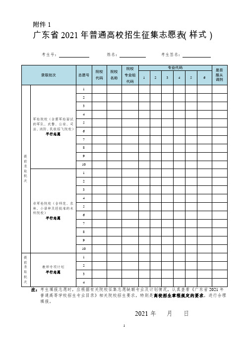 广东省2021年普通高校招生征集志愿表(样式)