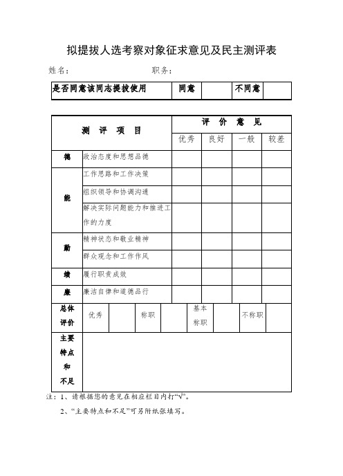 拟提拔人选考察对象征求意见及民主测评表