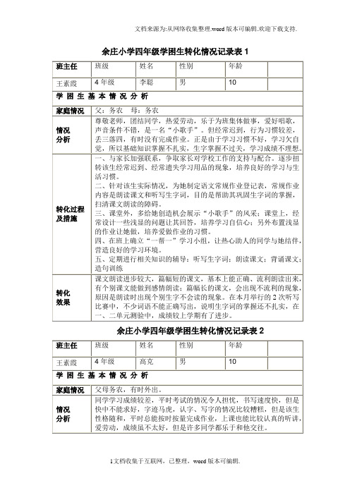 余庄小学四年级学困生转化情况记录表