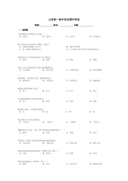 山东初一初中历史期中考试带答案解析
