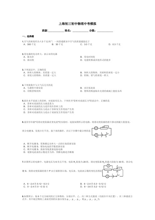 上海初三初中物理中考模拟带答案解析
