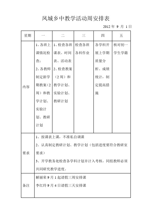 教学活动周安排表第1周