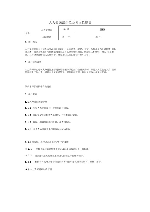 人力资源部岗位职责及考核标准