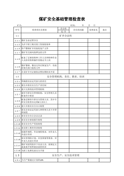 煤矿安全基础检查表(基本类)