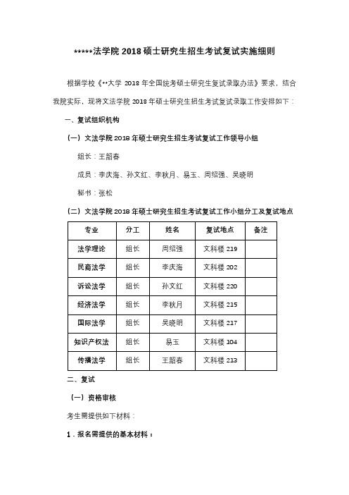 文法学院2018硕士研究生招生考试复试实施细则【模板】