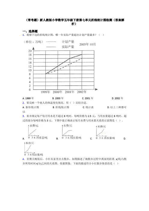 (常考题)新人教版小学数学五年级下册第七单元折线统计图检测(答案解析)